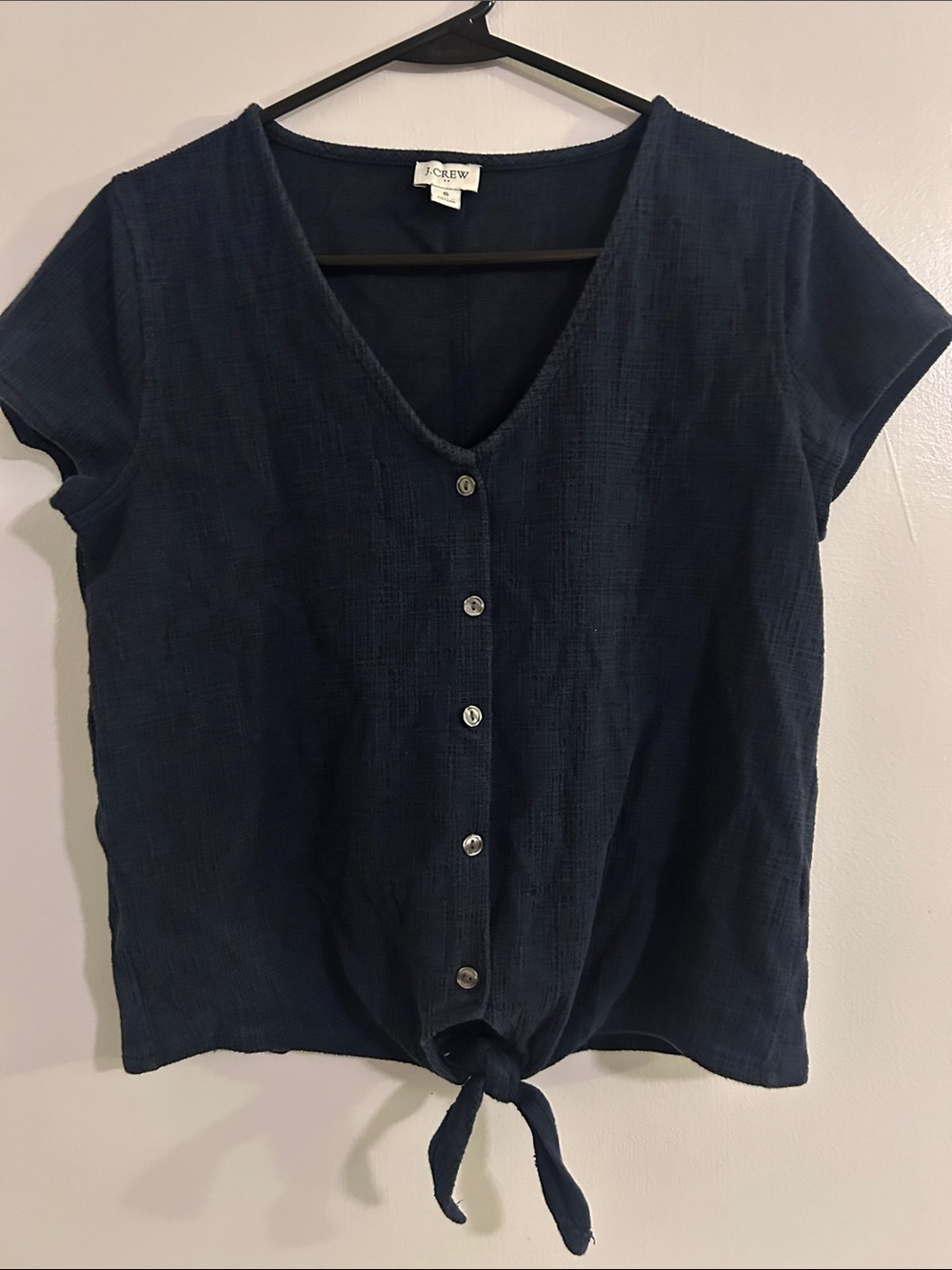J. Crew Navy Button-Front Tie-Hem Crop Top